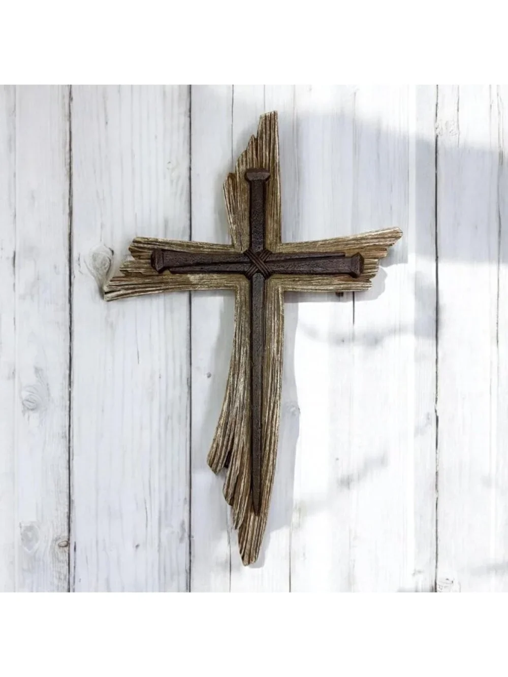 Rustic 3-Nail Wall Cross - 12.5” Resin Christian Decor with Weathered Wood Look